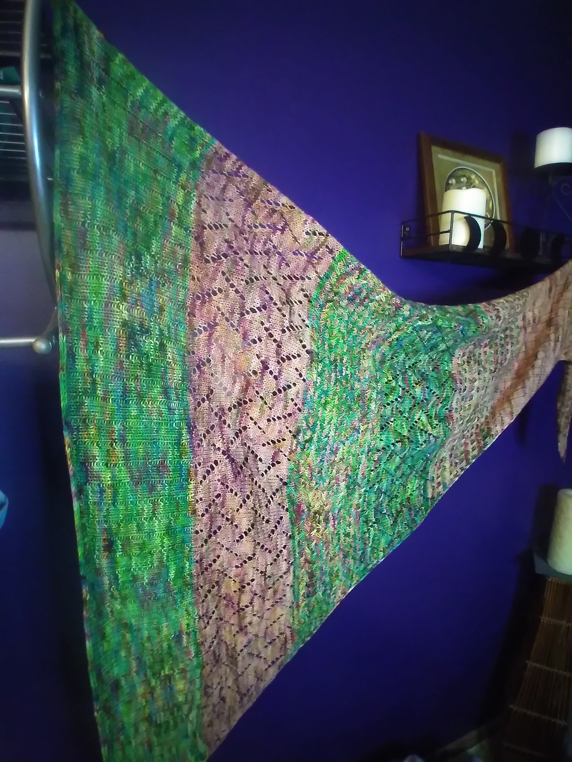 Large tan and green triangle wrap/shawl