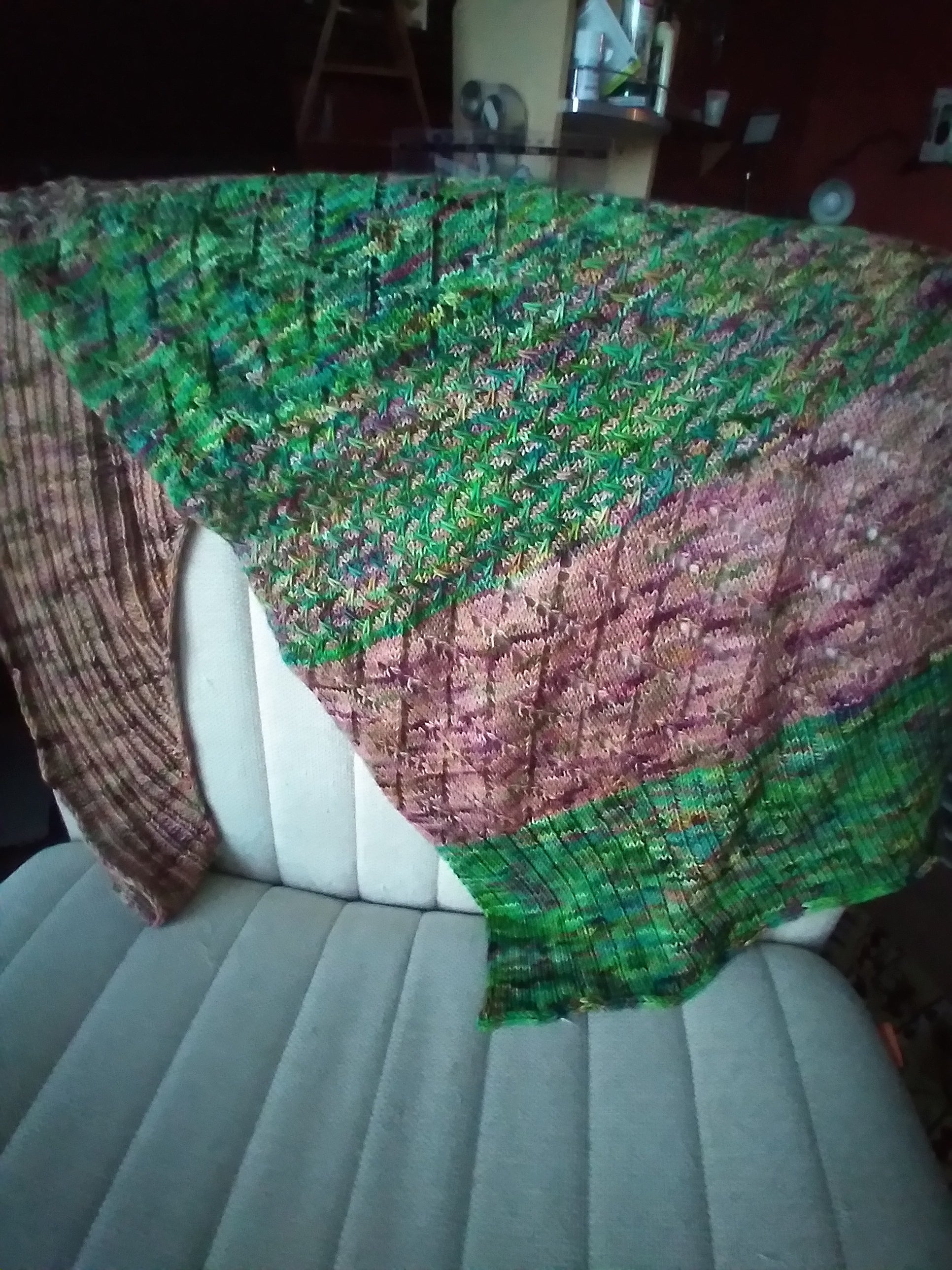 Large tan and green triangle wrap/shawl