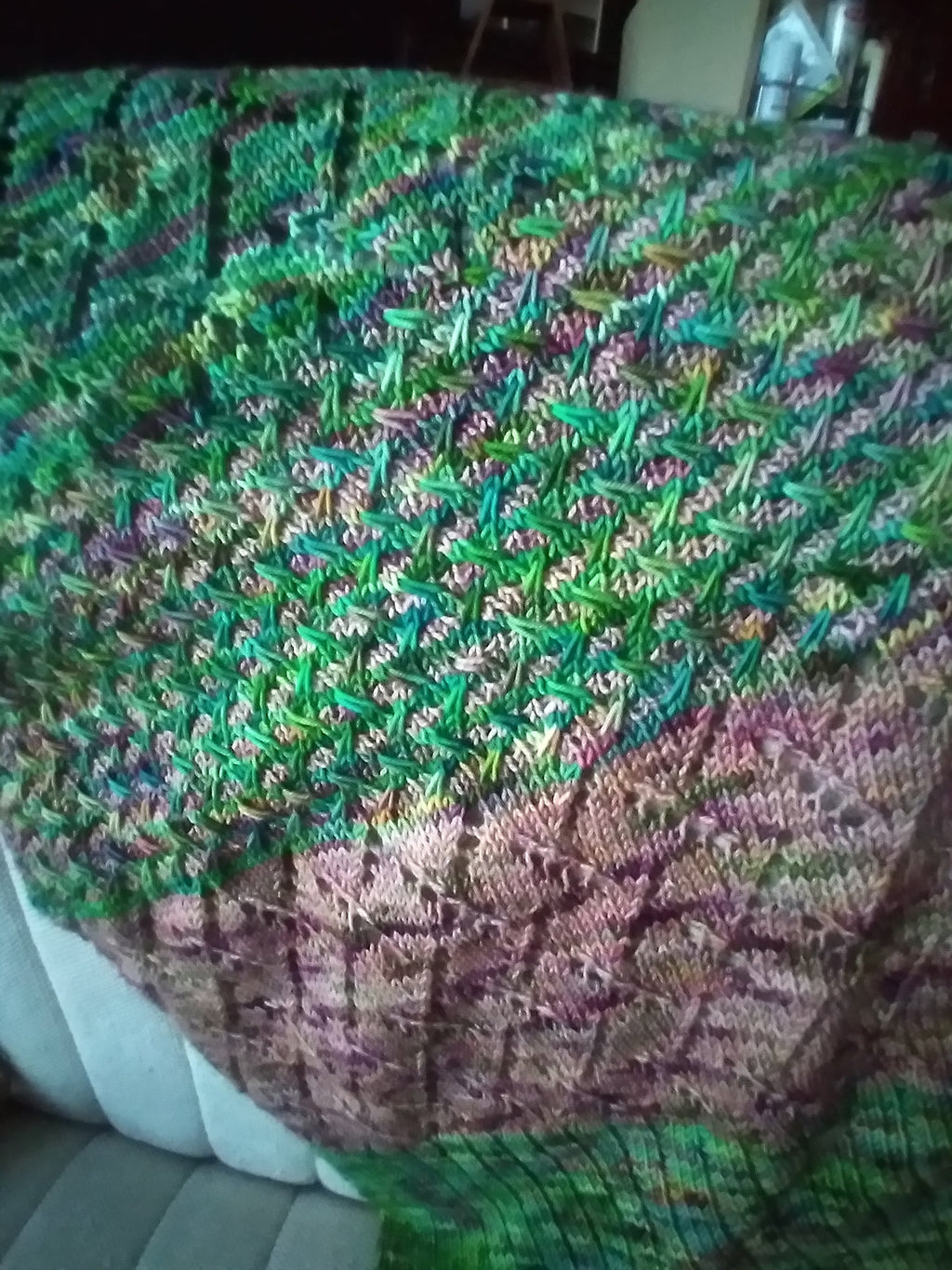 Large tan and green triangle wrap/shawl