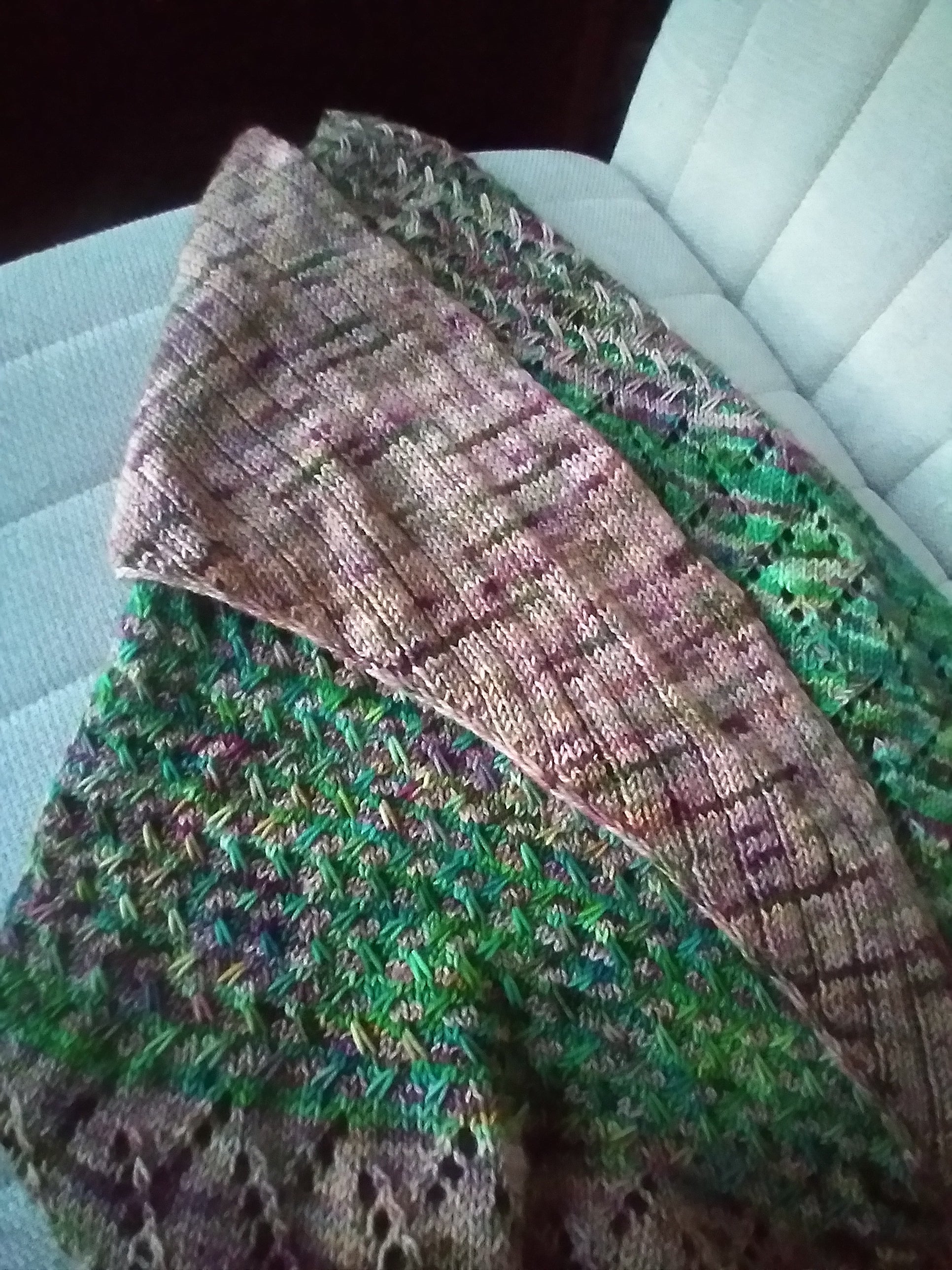 Large tan and green triangle wrap/shawl