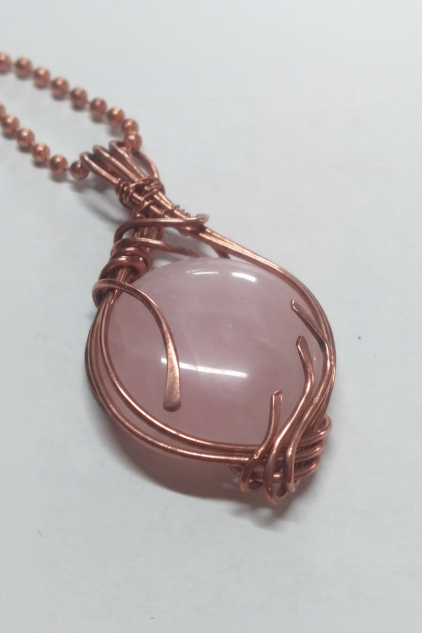 Rose Quartz Crystal Copper Wire Pendant Necklace