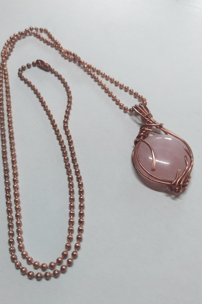 Rose Quartz Crystal Copper Wire Pendant Necklace