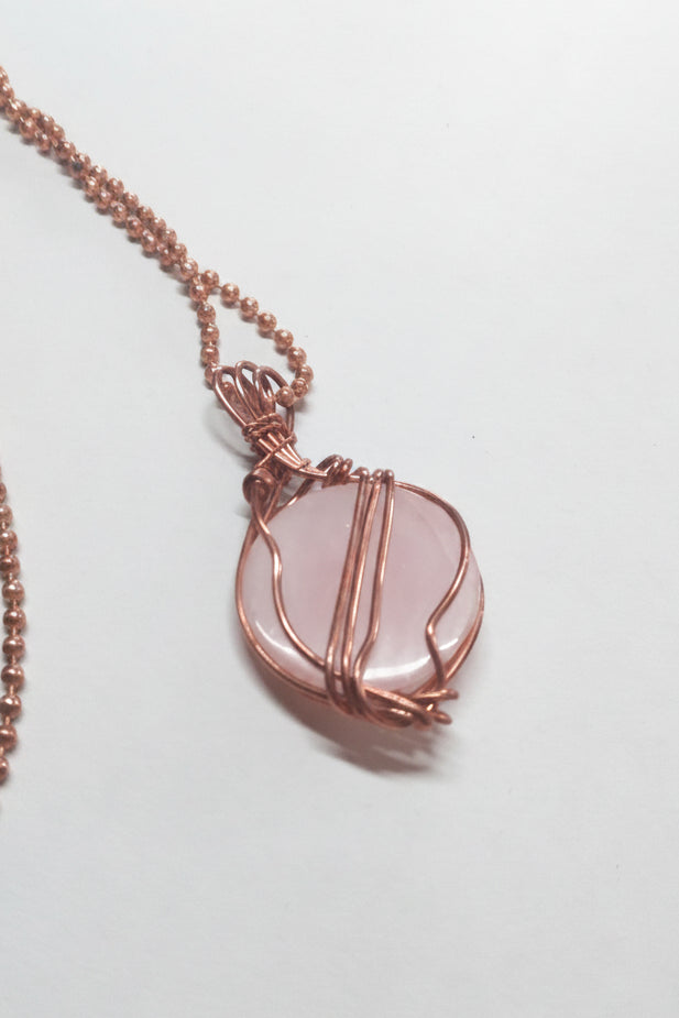 Rose Quartz Crystal Copper Wire Pendant Necklace