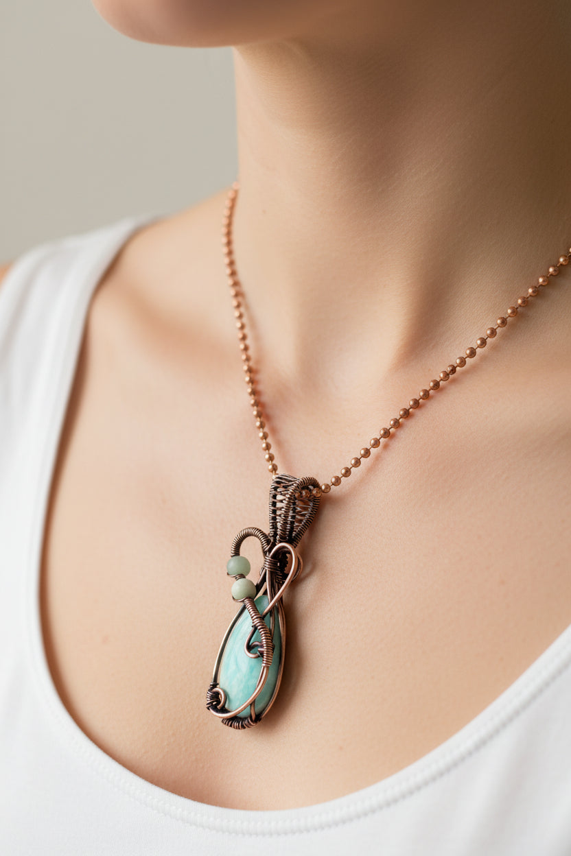 Amazonite and copper pendant necklace