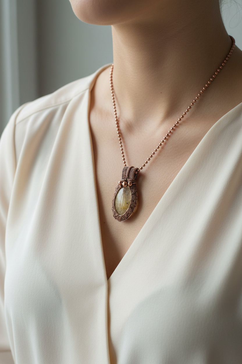 Golden rutile quartz and copper necklace pendant
