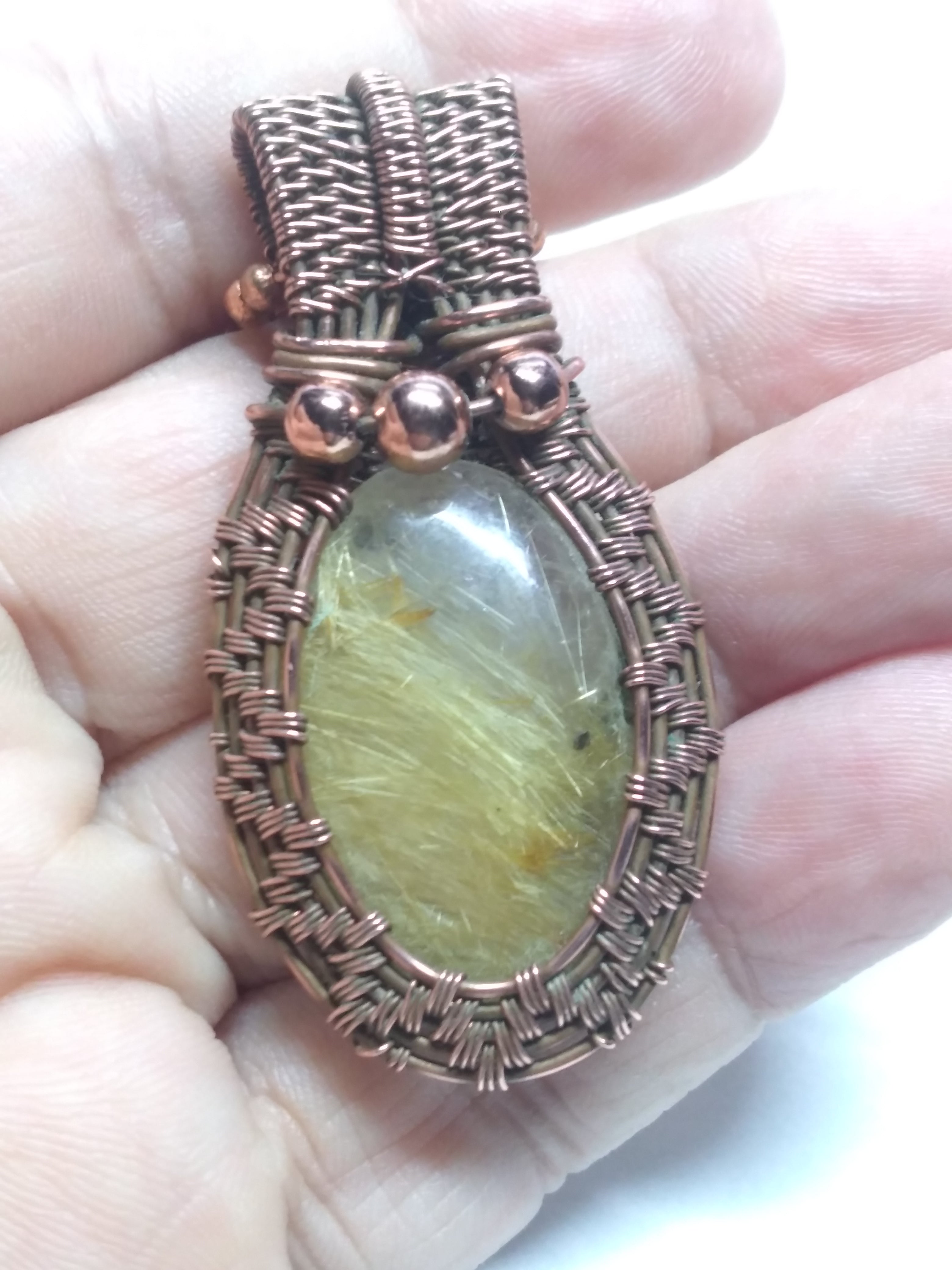 Golden rutile quartz and copper necklace pendant