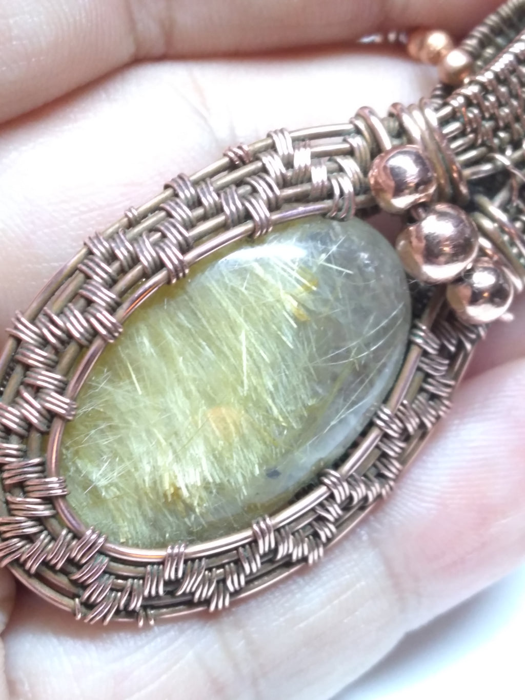 Golden rutile quartz and copper necklace pendant