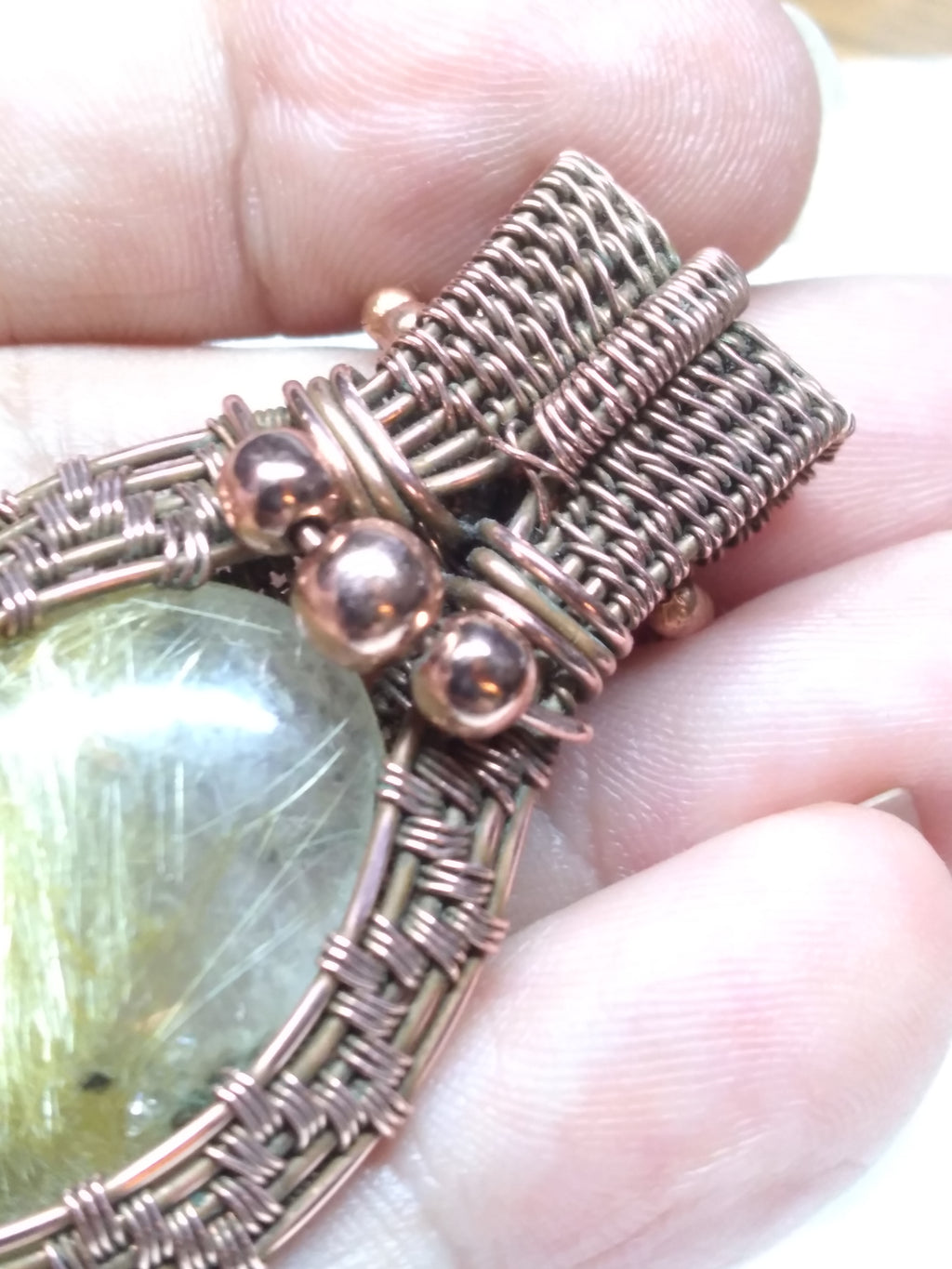 Golden rutile quartz and copper necklace pendant