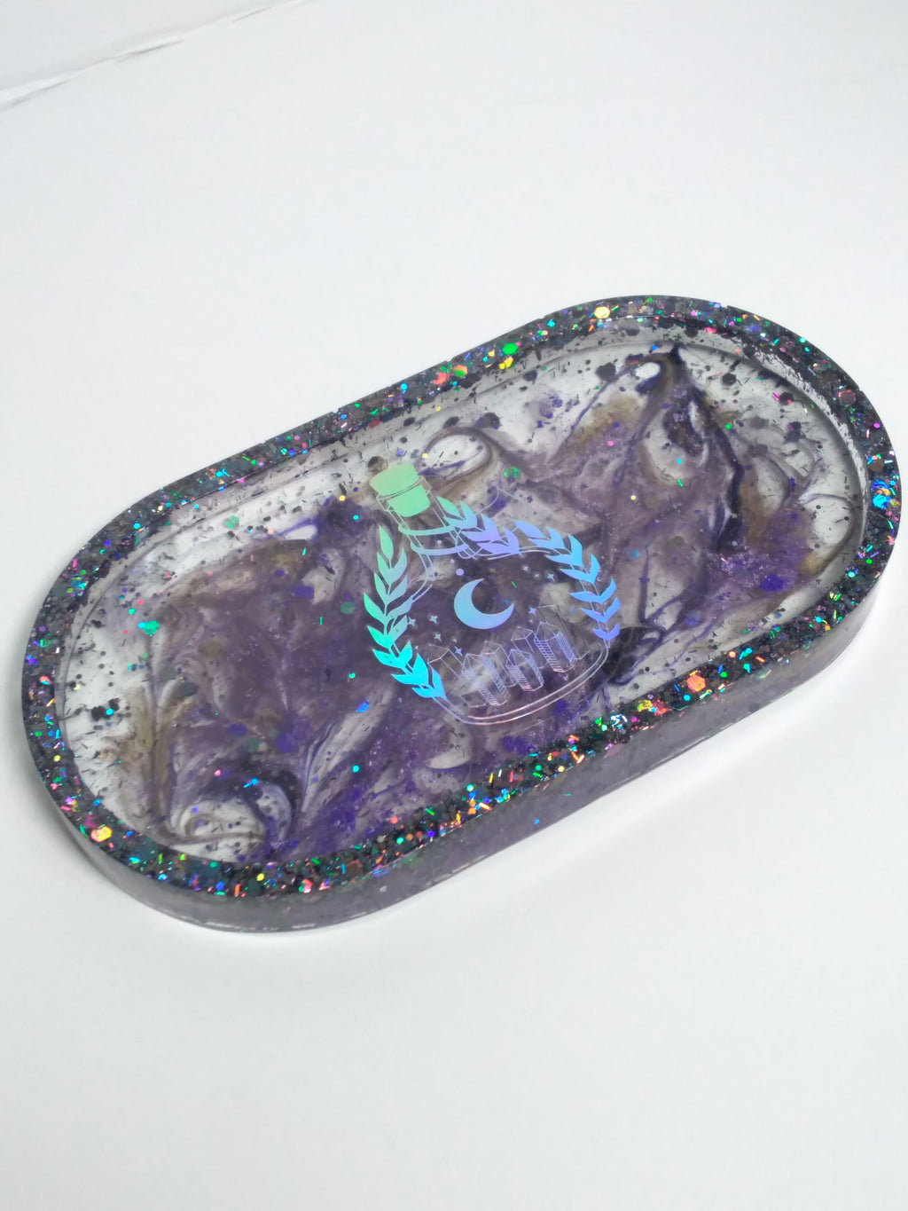 Oval altar tray glitter black and clear