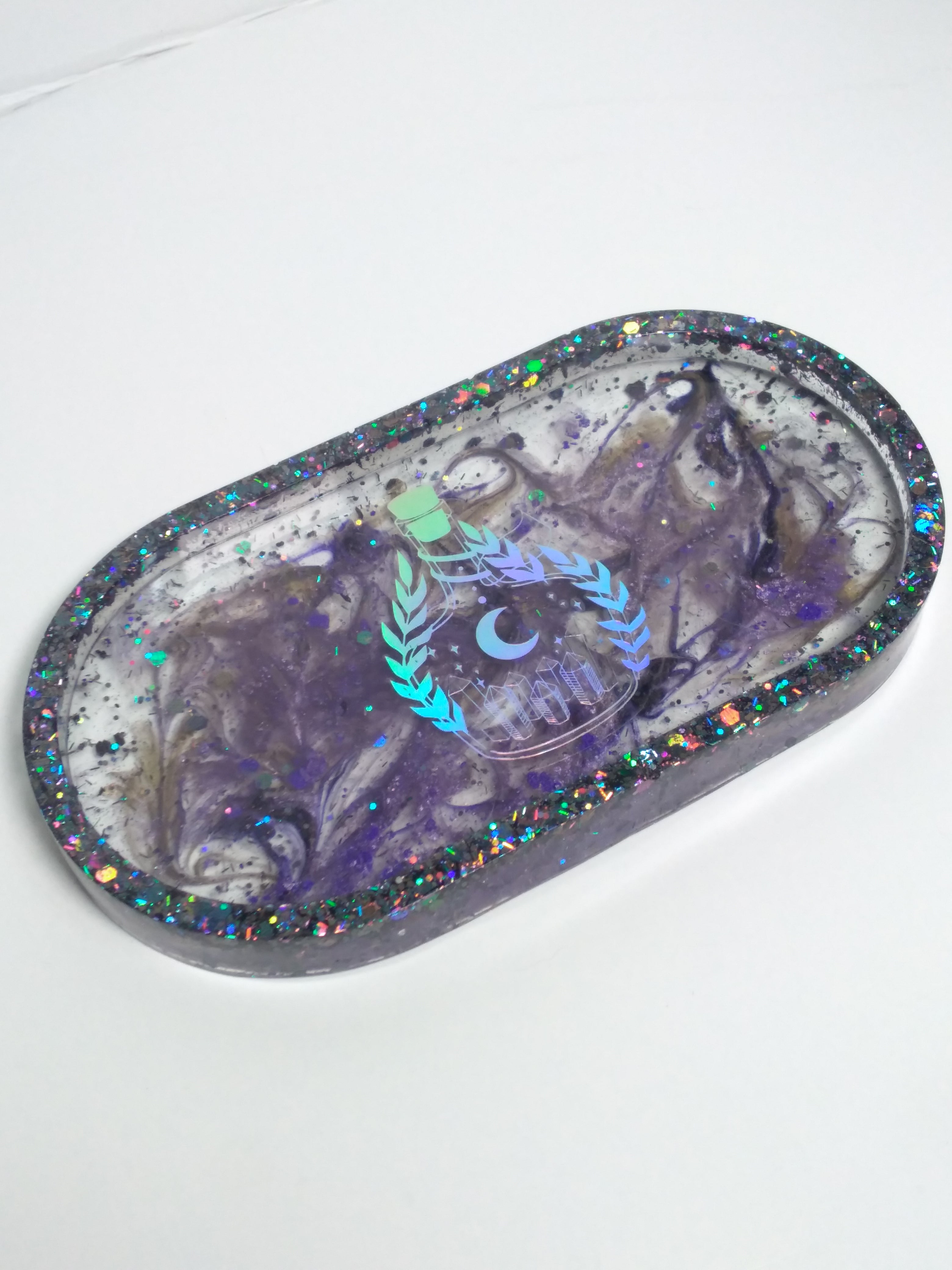 Oval altar tray glitter black and clear