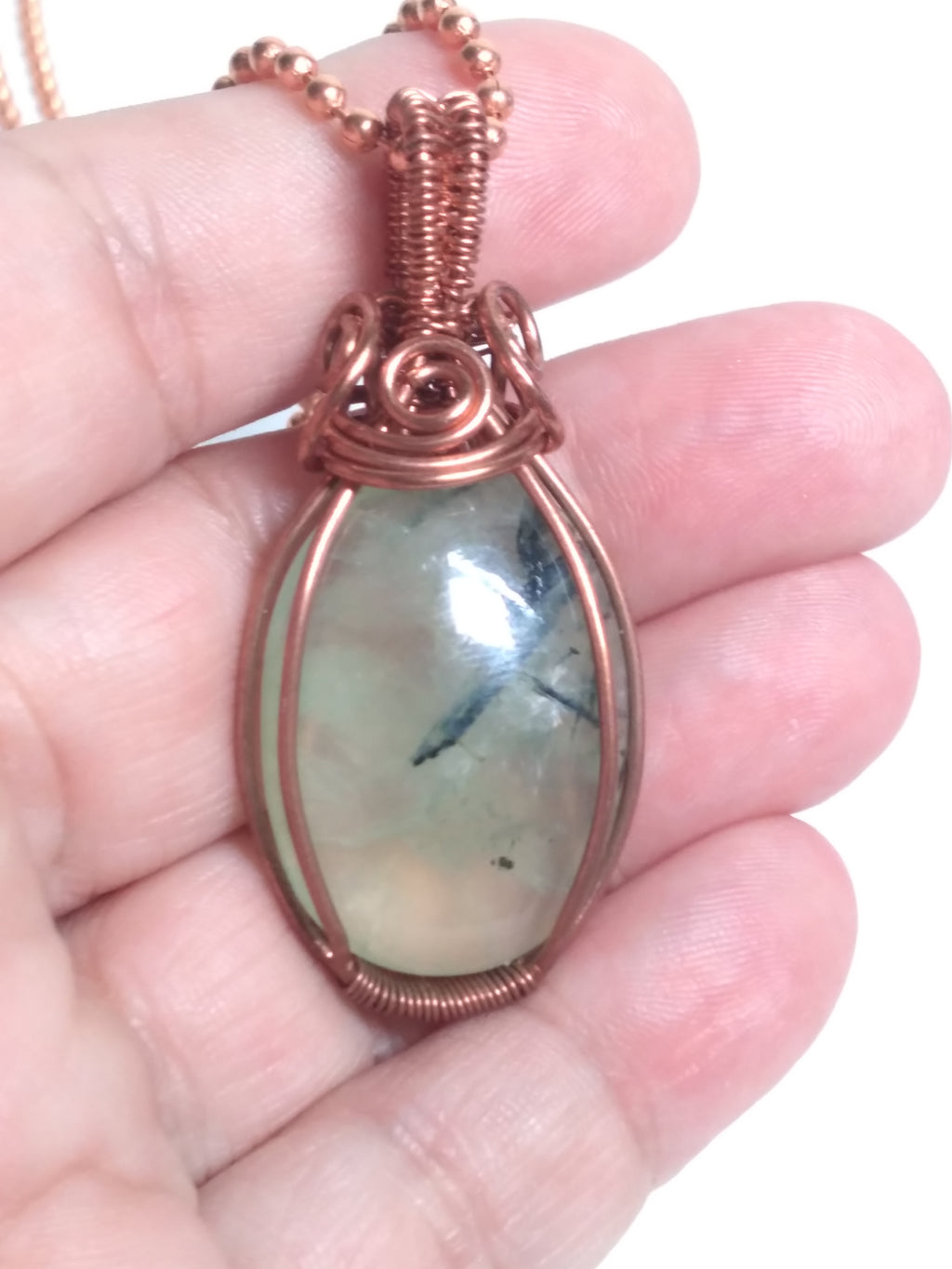 Prehnite wire wrapped copper necklace