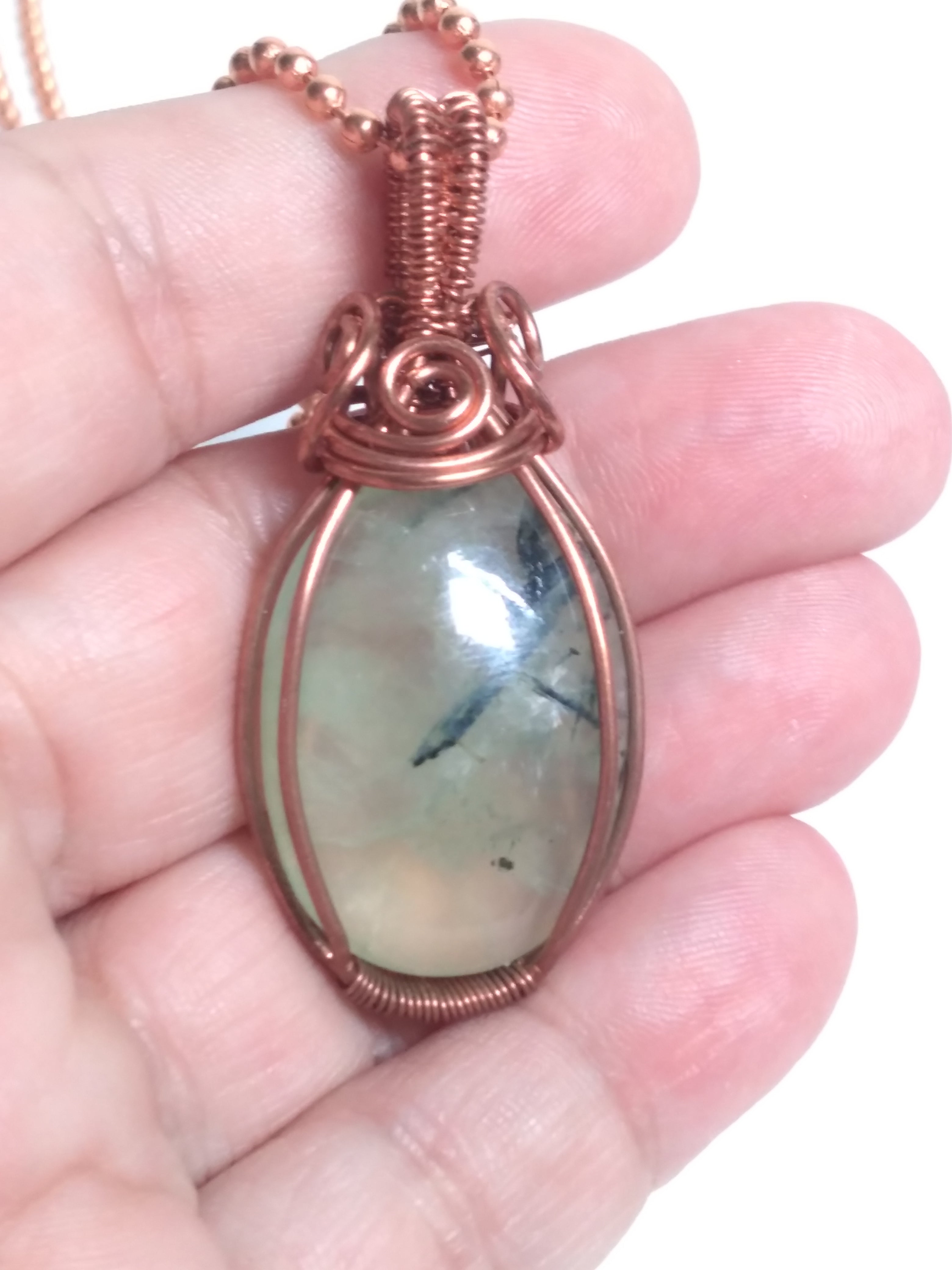 Prehnite wire wrapped copper necklace