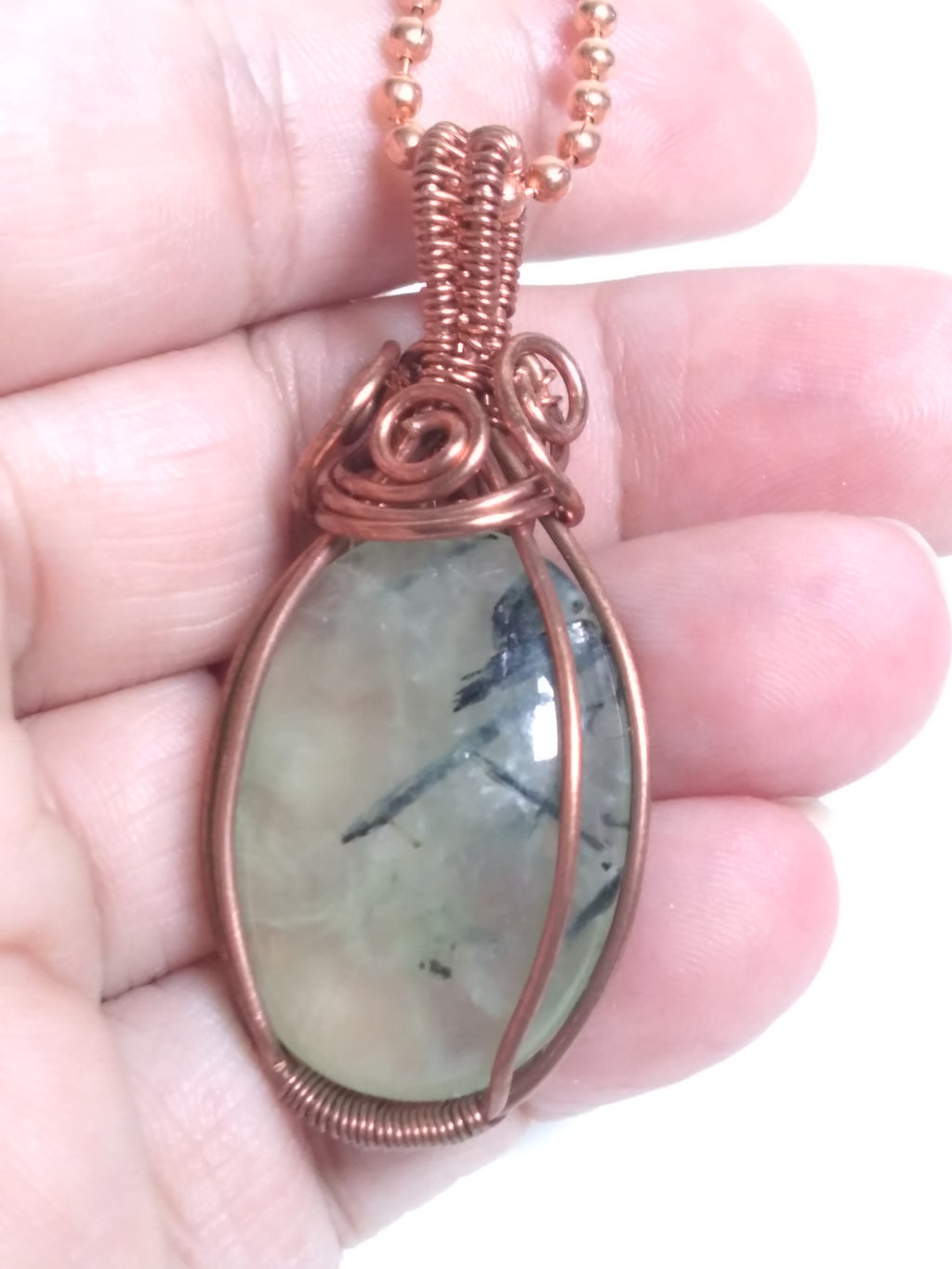 Prehnite wire wrapped copper necklace