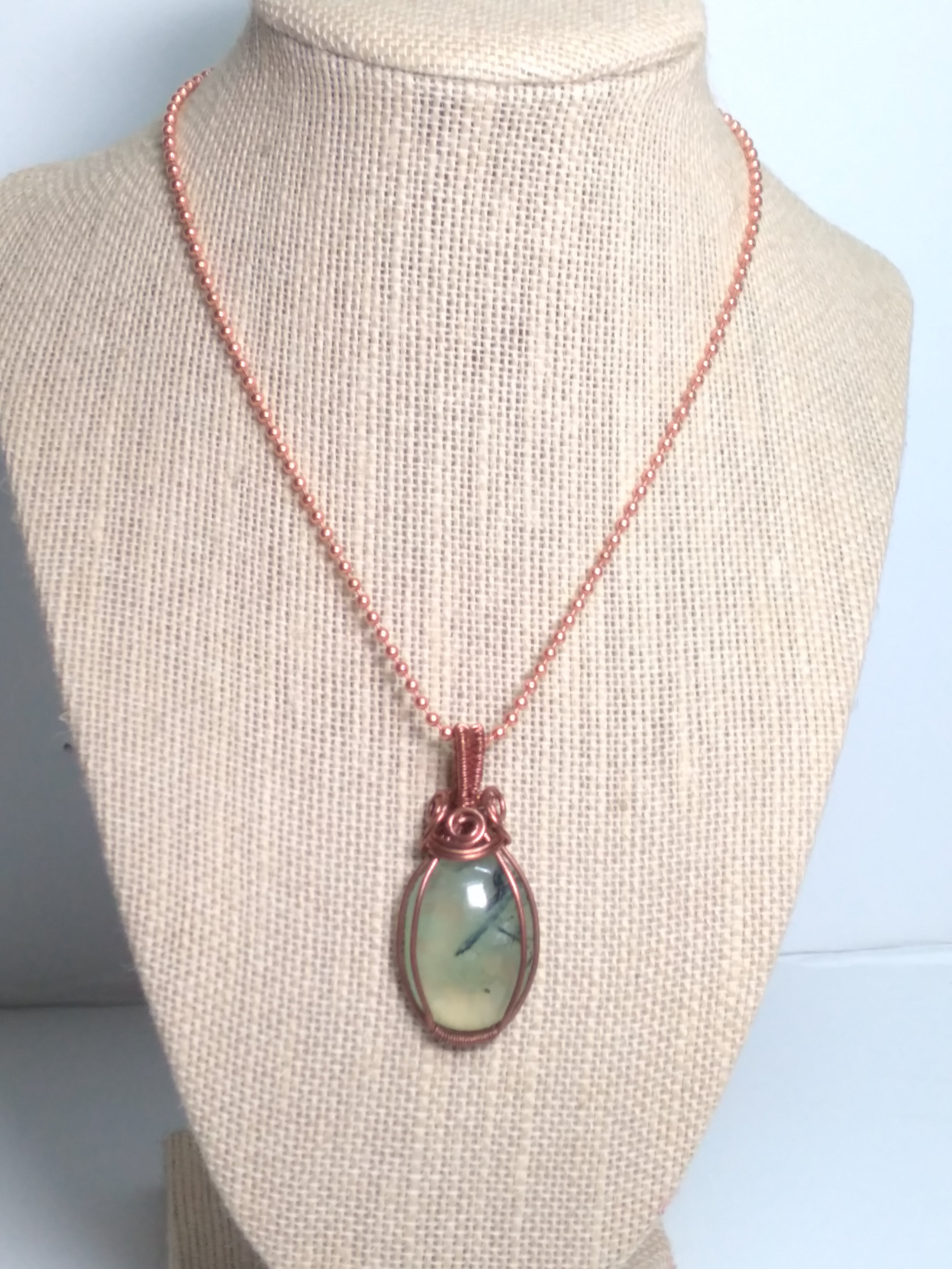 Prehnite wire wrapped copper necklace