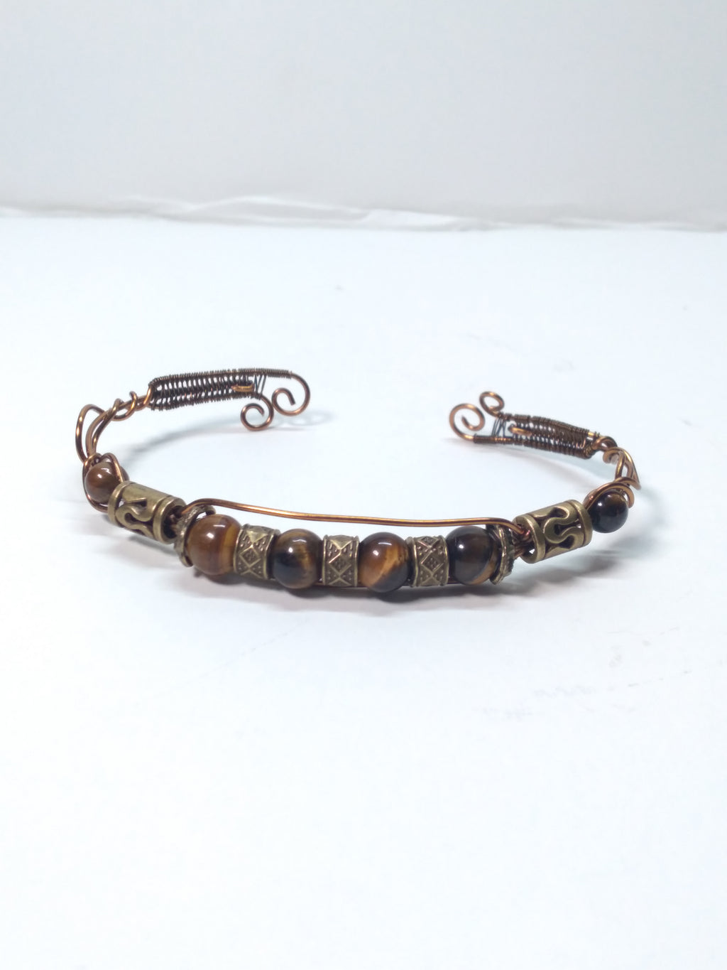 Tiger eye and metal bead wire cuff bracelet