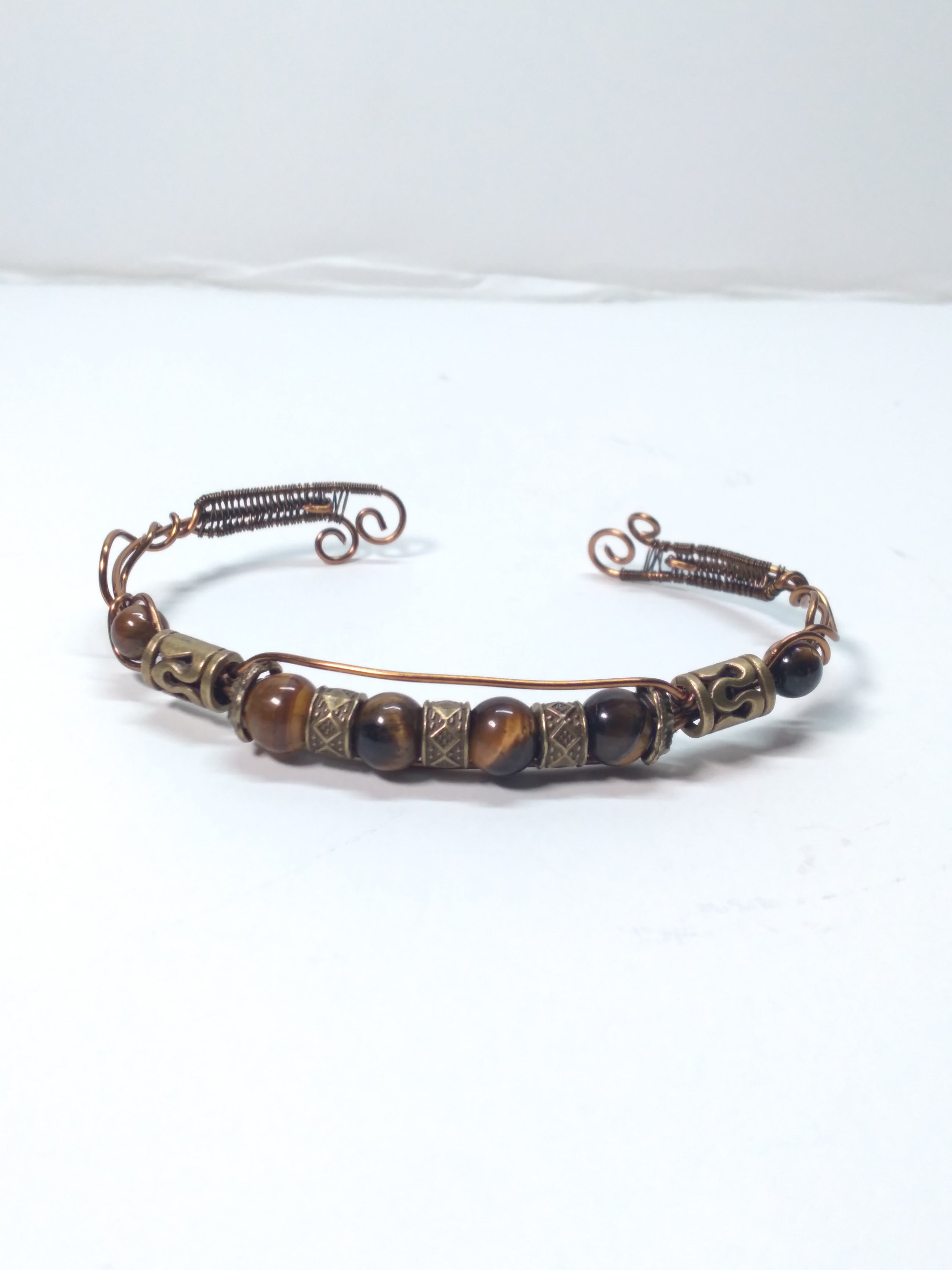Tiger eye and metal bead wire cuff bracelet