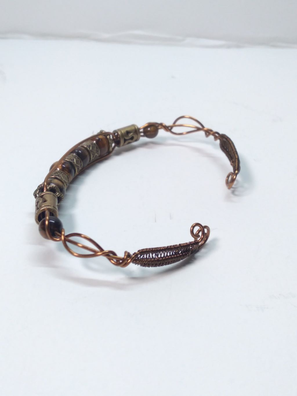 Tiger eye and metal bead wire cuff bracelet