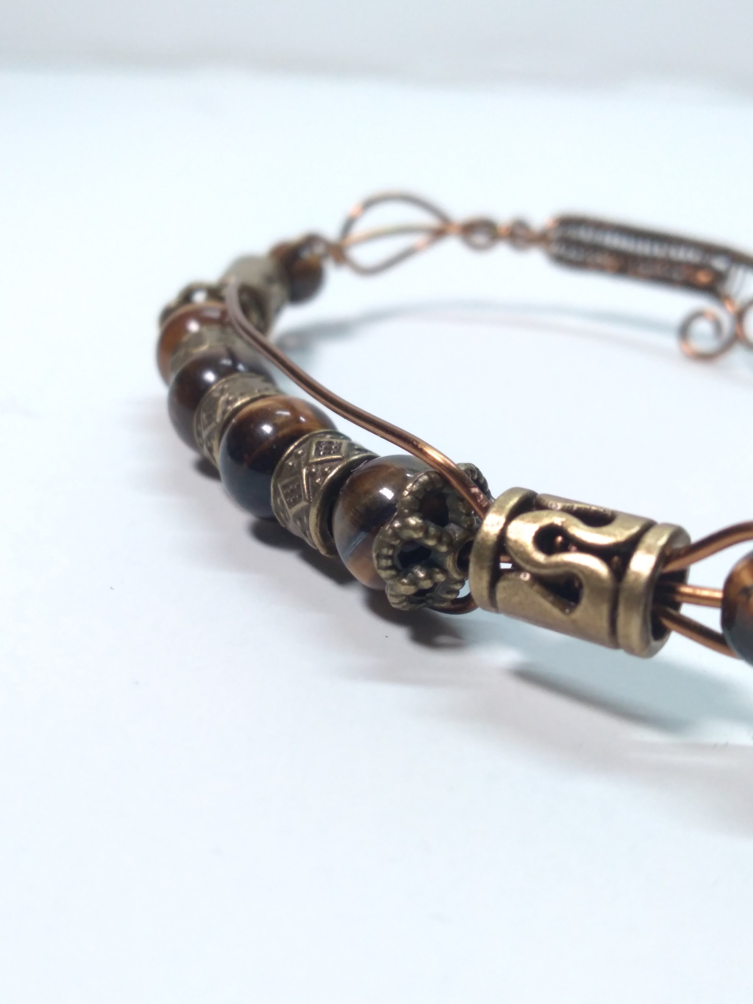 Tiger eye and metal bead wire cuff bracelet
