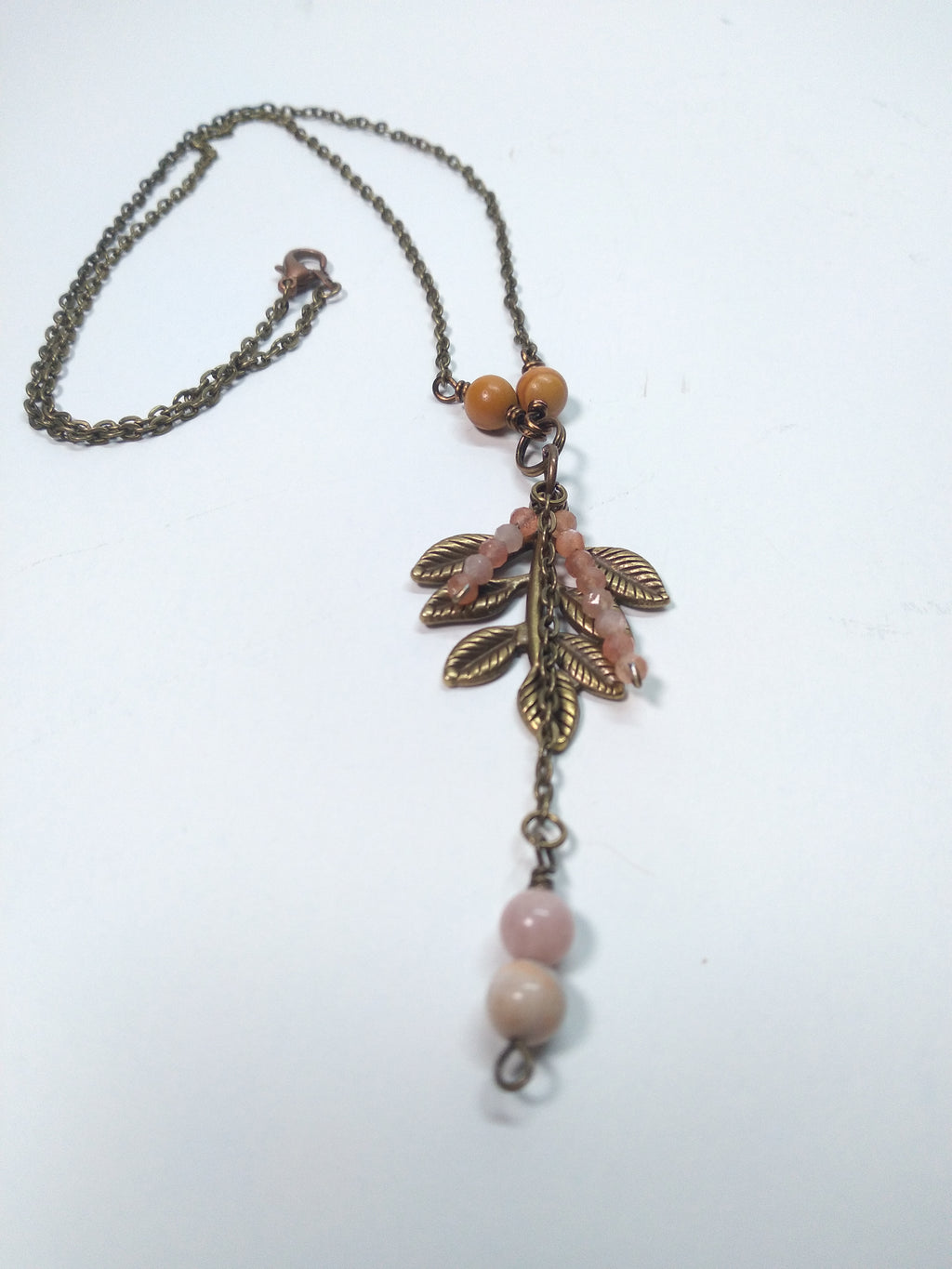 Sunstone and leaf pendant necklace bronze