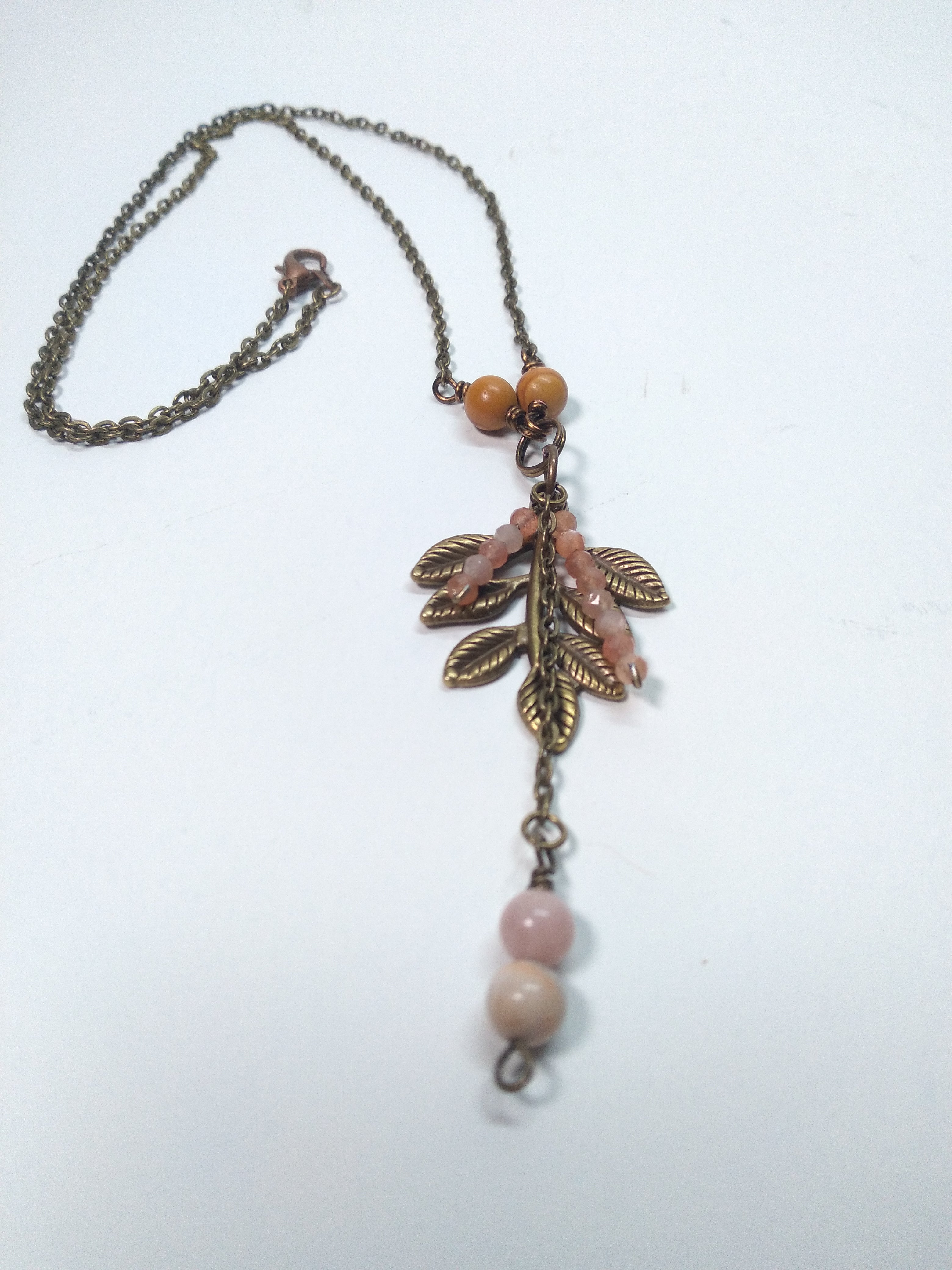 Sunstone and leaf pendant necklace bronze