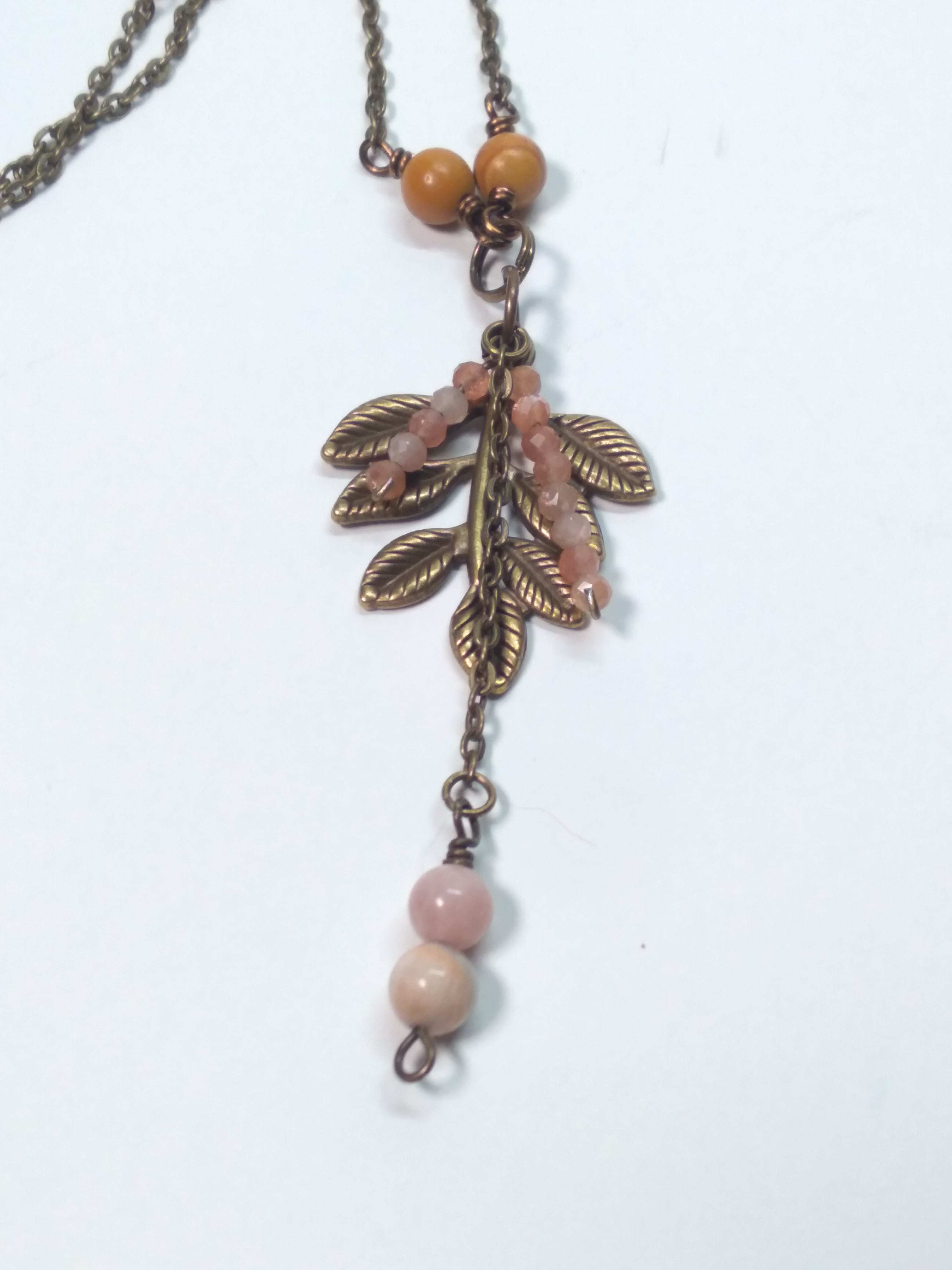 Sunstone and leaf pendant necklace bronze