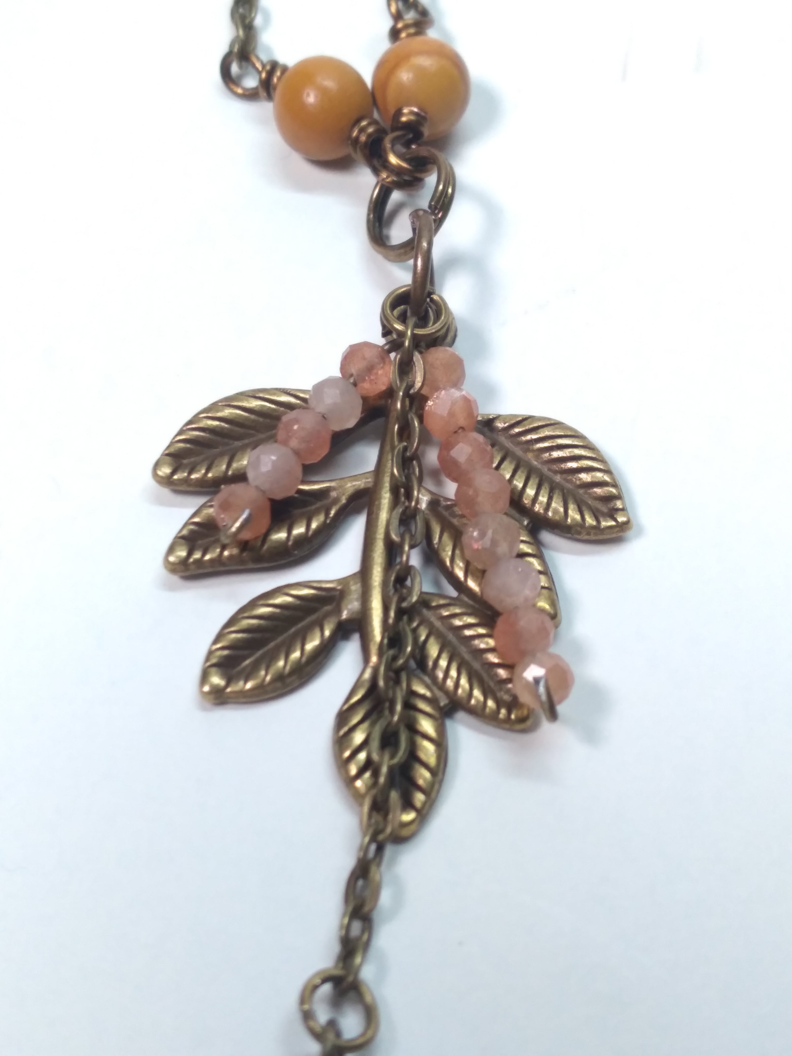 Sunstone and leaf pendant necklace bronze
