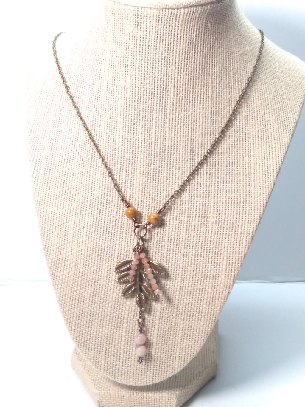 Sunstone and leaf pendant necklace bronze