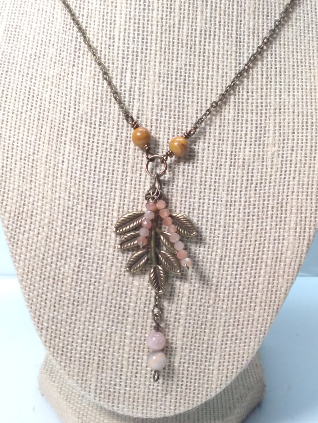 Sunstone and leaf pendant necklace bronze