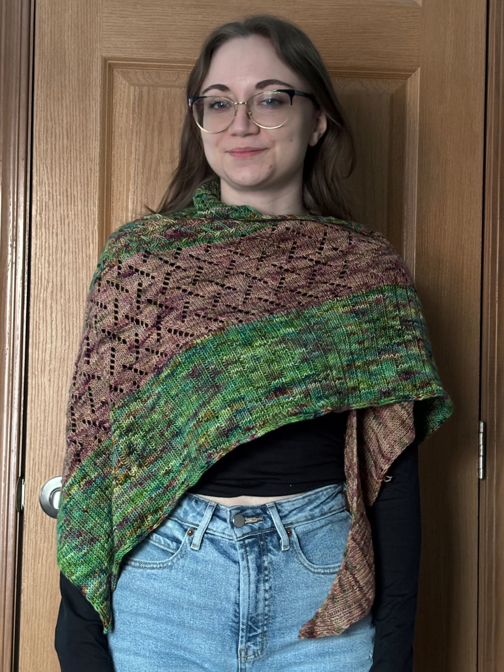 Large tan and green triangle wrap/shawl